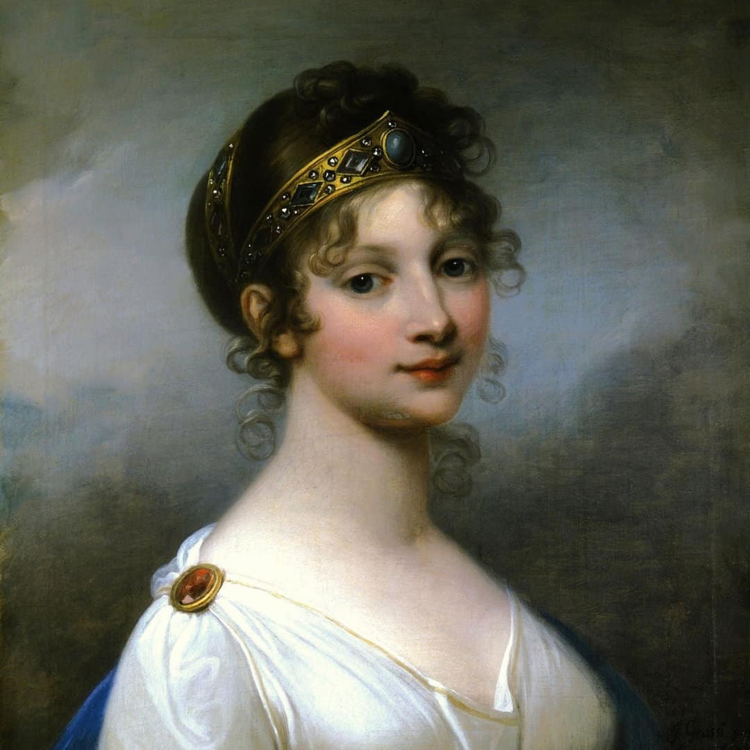 Portraitgemälde von Königin Luise mit Diadem, lockigem Haar und weißem Kleid