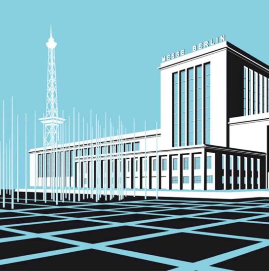 Zeichnung der Berliner Messe in blau und schwarz