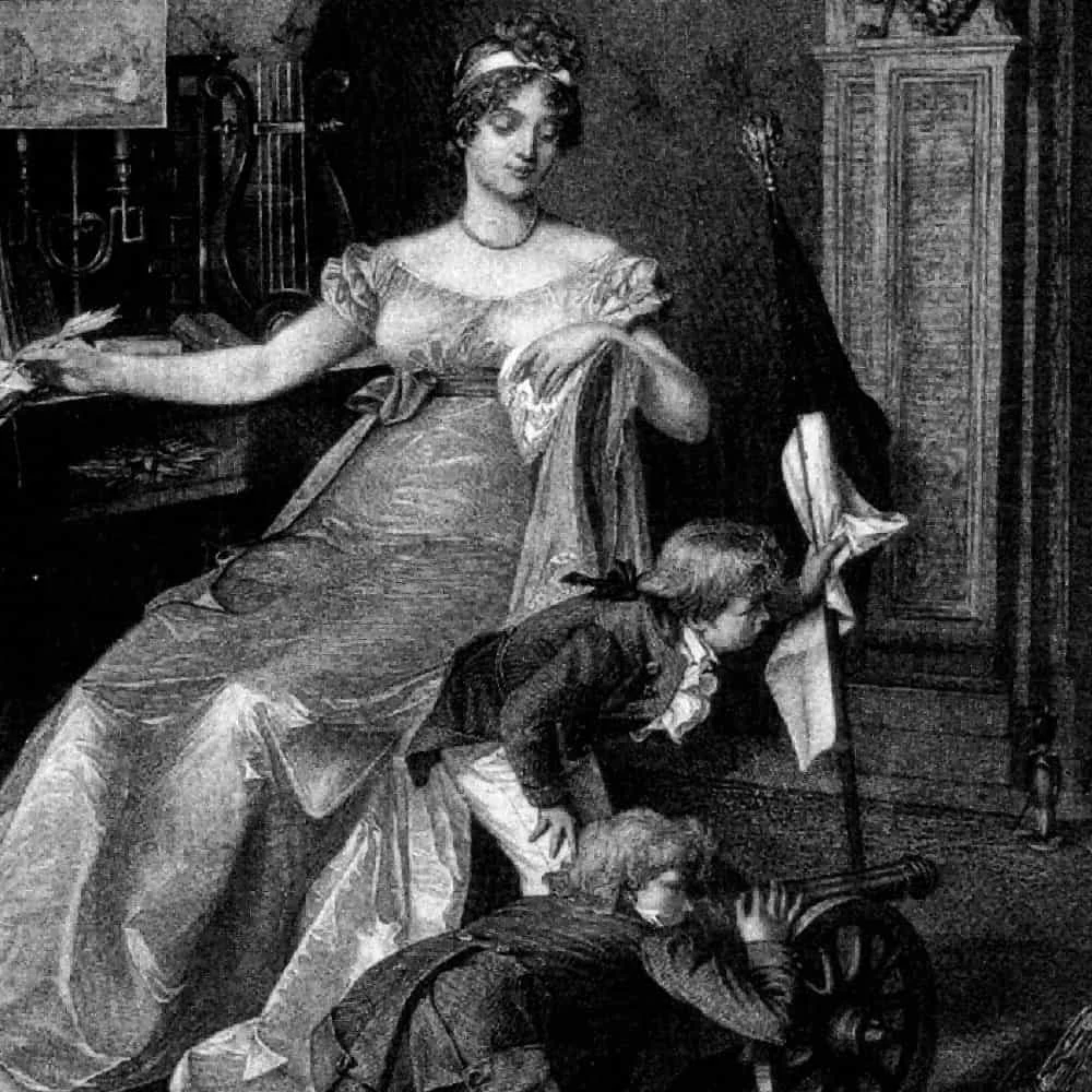 Königin_Luise_mit_ihren_Söhnen_Friedrich_Wilhelm_und_Wilhelm Schwarz-Weiß Bild der Königin Luise mit ihren Söhnen, die spielen.