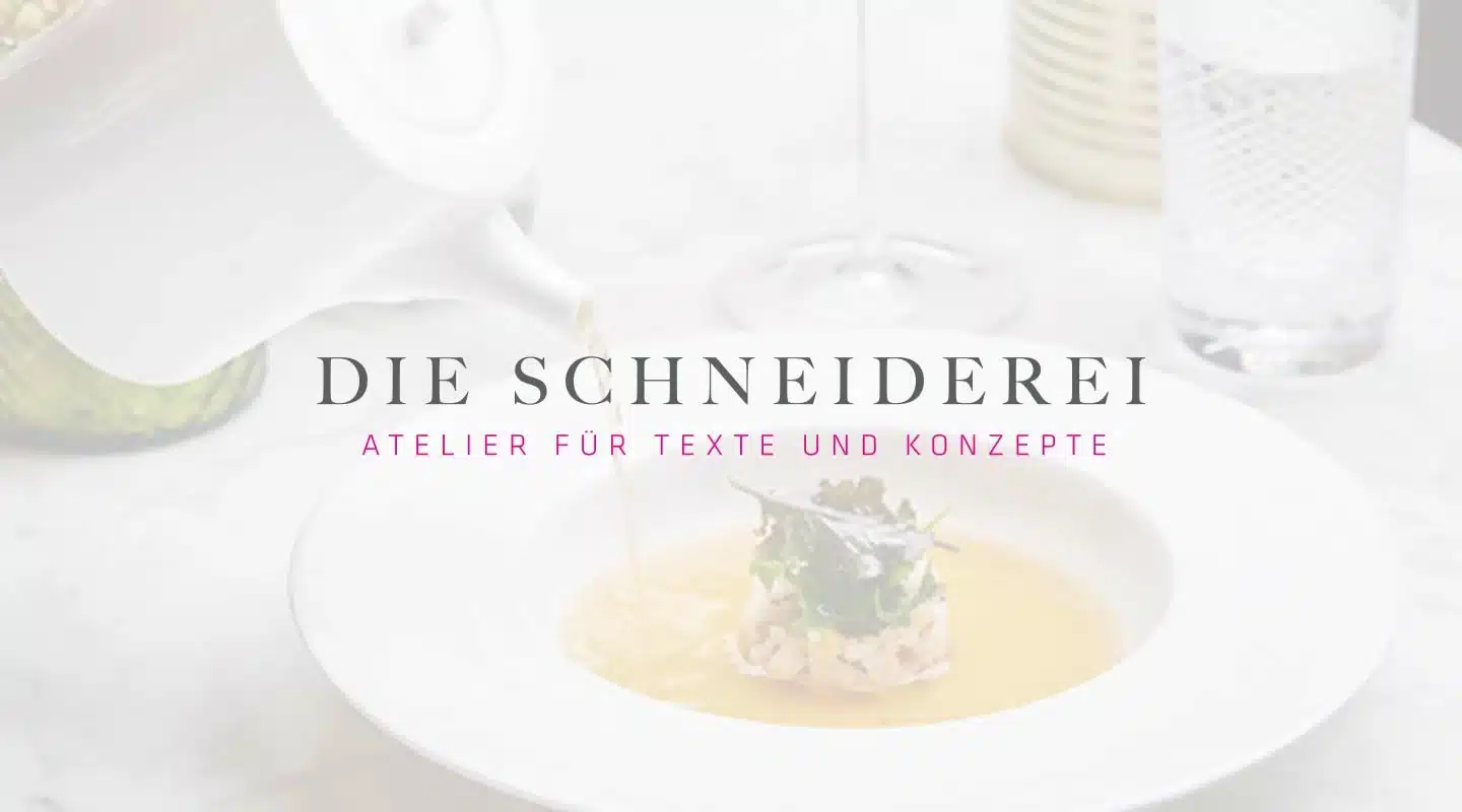 Logo von die Schneiderei in grauer und pinkner Schrift mit angerichtetem Gang im Hintergrund