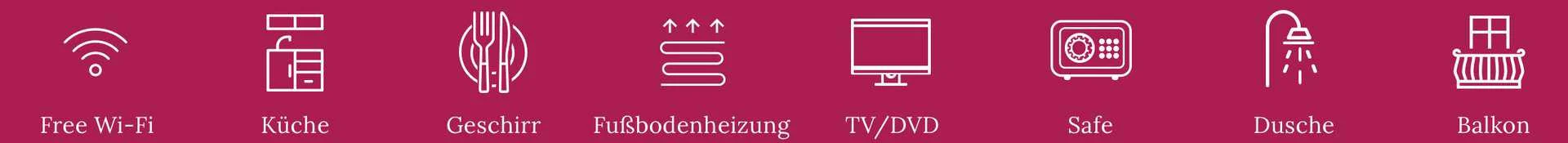 Premium Apartment Verschiedene Icons für die Zimmerausstattungsmerkmale in weiß auf rotem Hintergrund