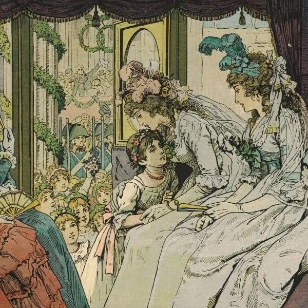 Prinzessin_Luise_küsst_ein_Mädchen_aus_dem_Volk Gemälde von einer Frau und Prinzessin Luise, die ein Mädchen aus dem Volk zu sich in die Kutsche hebt und küsst.